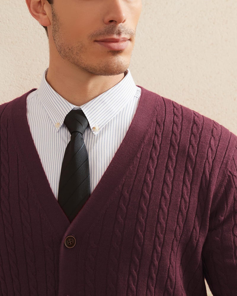 Kallspin Men's Cardigan Sweater Wool Blend Cable Knit V Neck Buttons Cardigan with Pockets(Burgundy Red, Medium) - Image 3